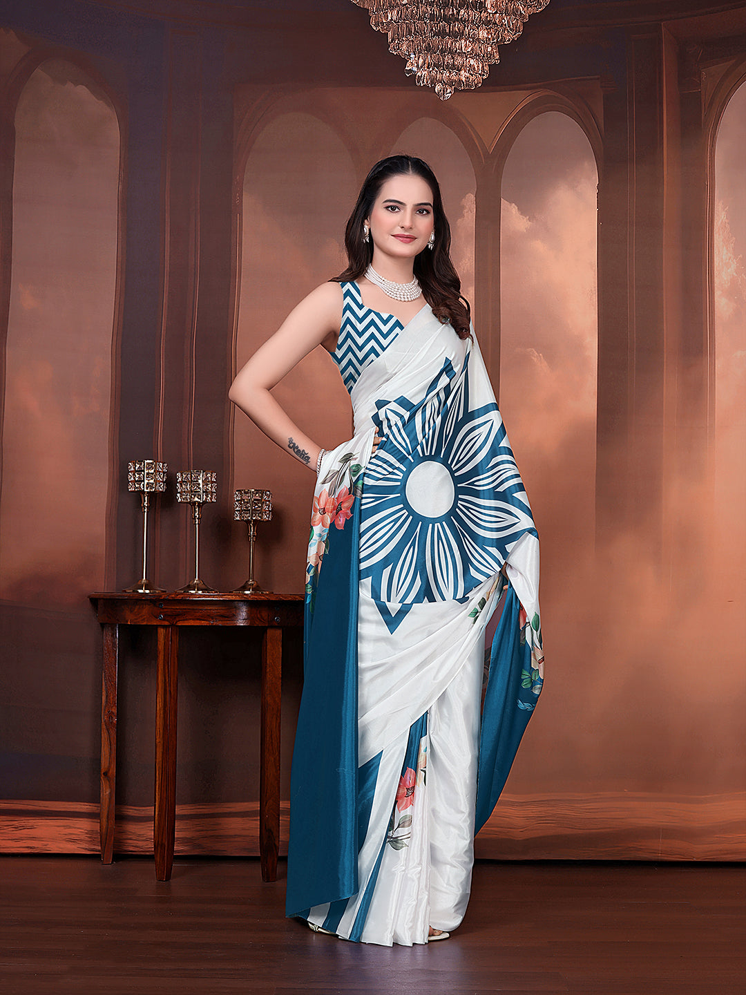 Ready to Wear Silk Crepe Floral Print Saree with Unstitched Blouse for Party Wear