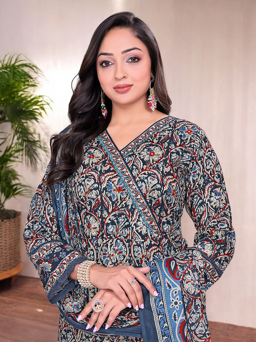 Printed Cotton Anarkali Kurta Set With Handwork on The Neckline