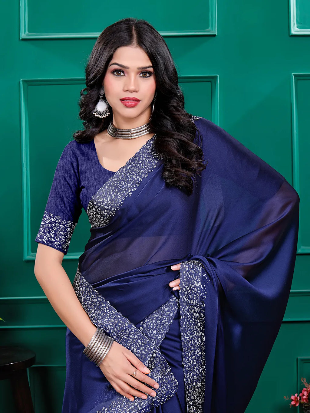 Silk  Siroski  Diamond Lace Work Saree