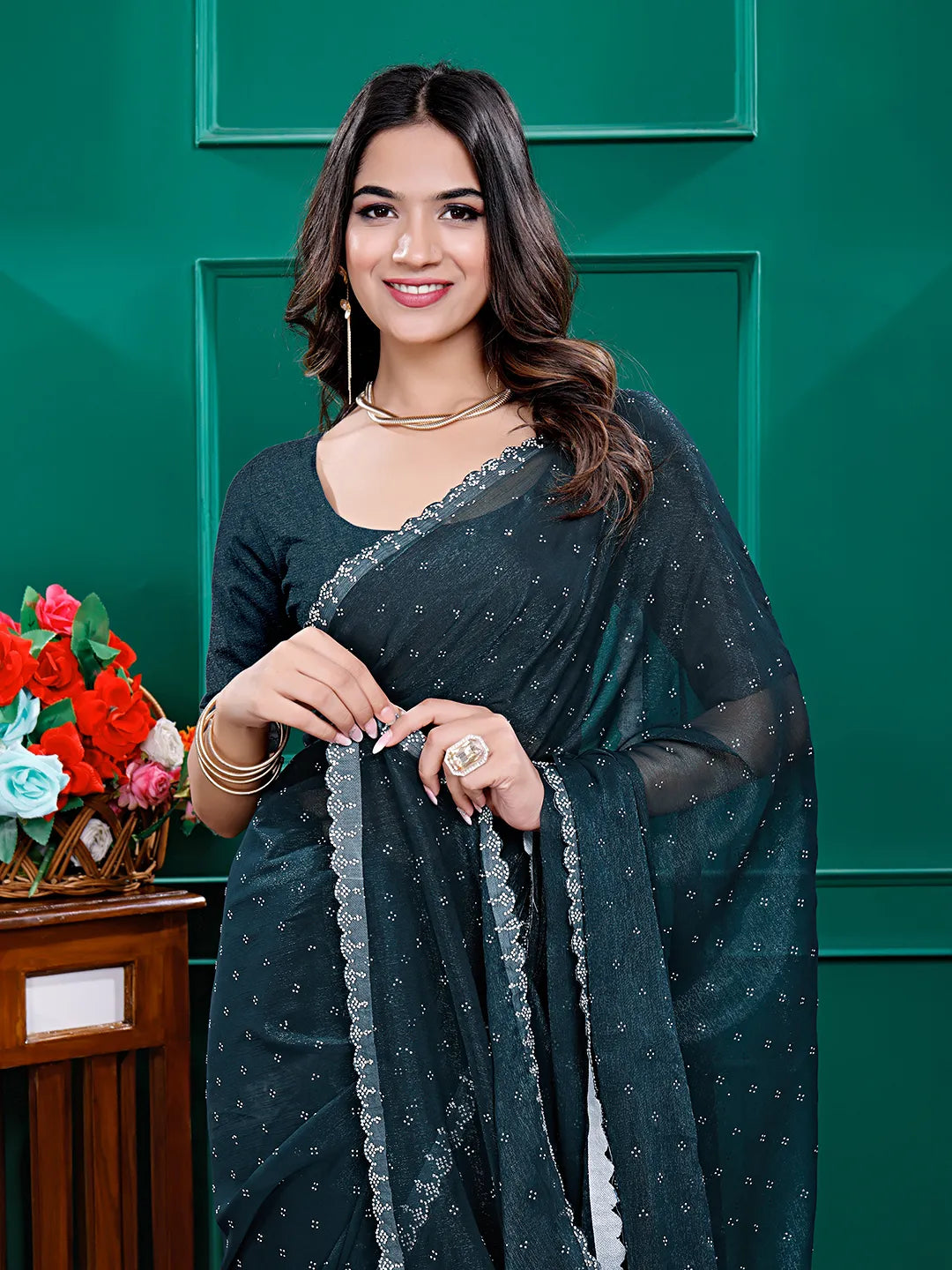 Chiffon Siroski Diamond Lace Work Saree