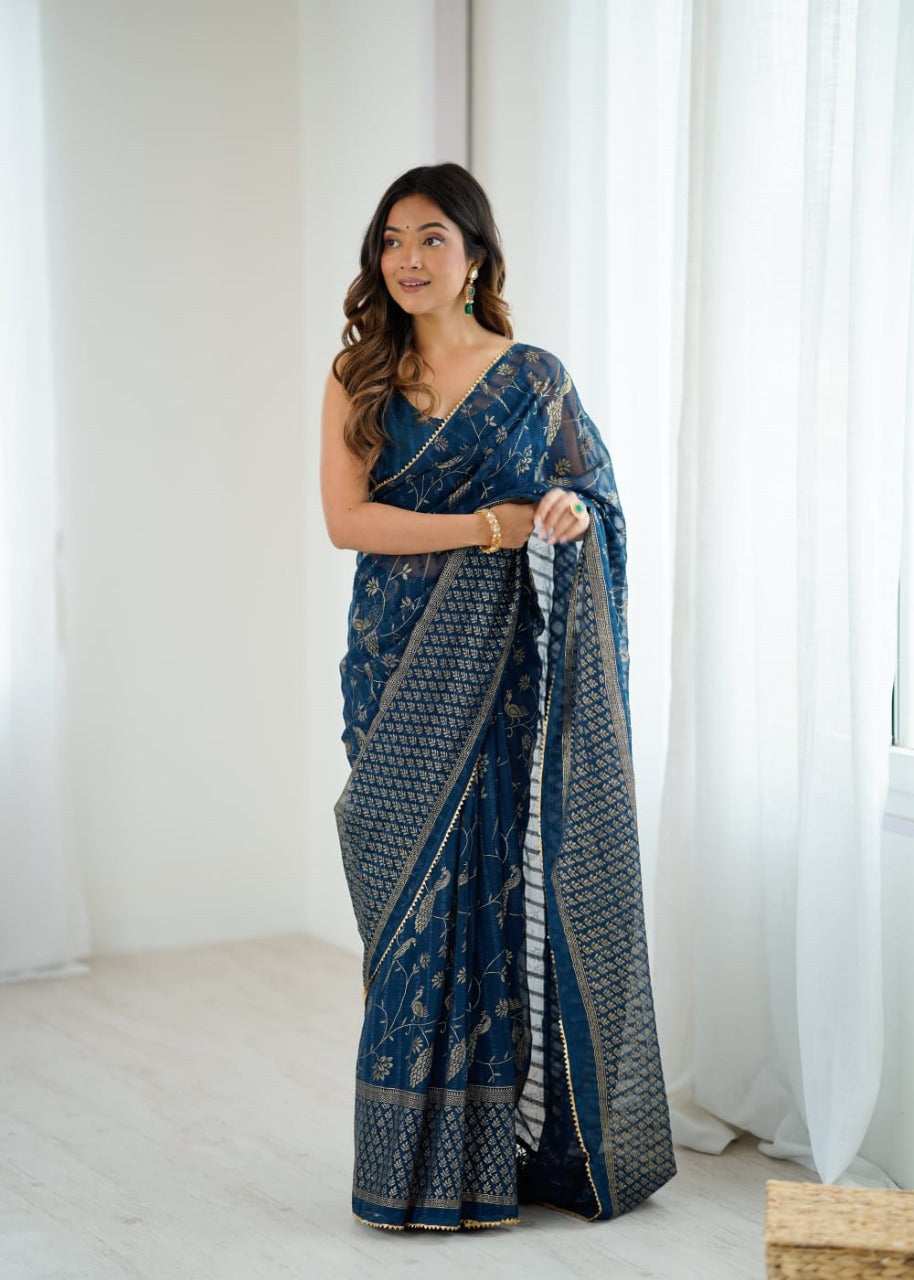 Georgette Saree with Foil Print & Fancy Zalar Lace Border
