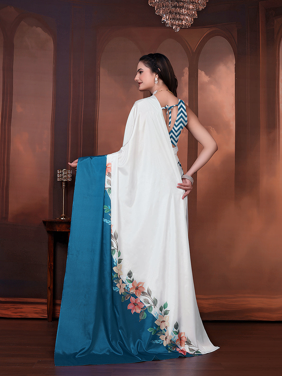 Ready to Wear Silk Crepe Floral Print Saree with Unstitched Blouse for Party Wear
