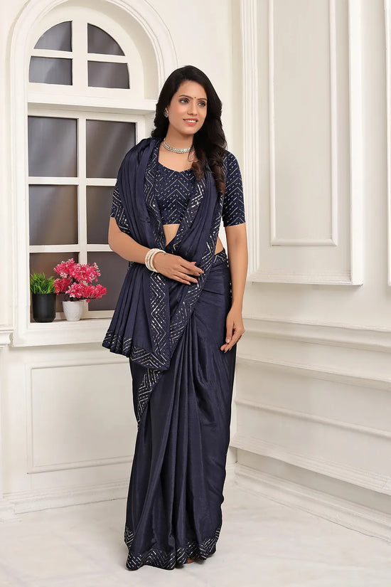 Pionex Ready To Wear Chinon Solid Saree With Embroidered Border