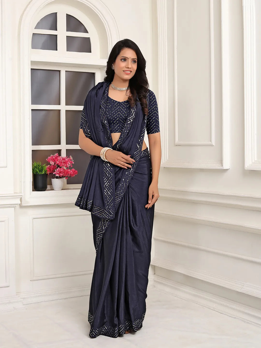 Pionex Ready To Wear Chinon Solid Saree With Embroidered Border