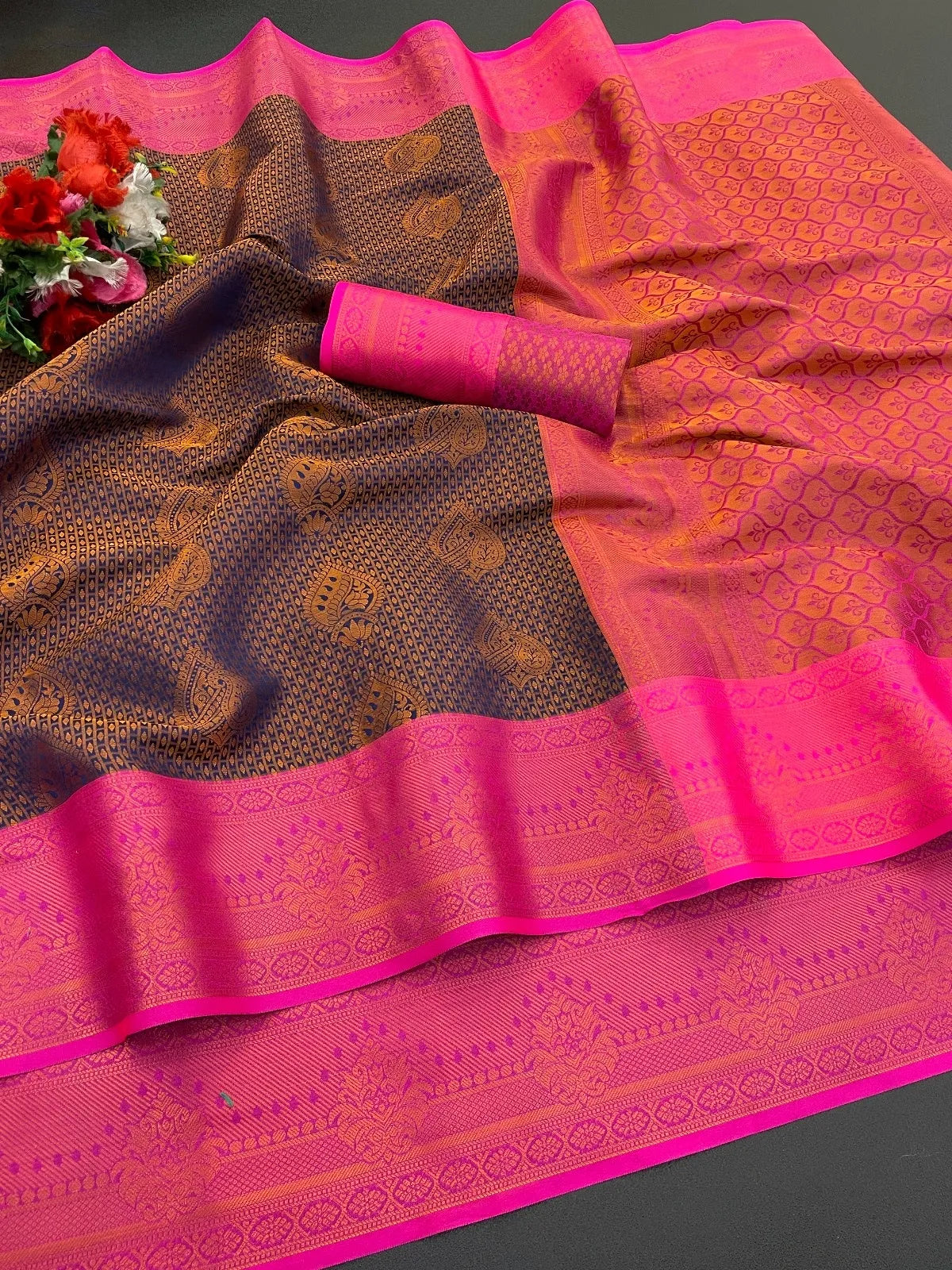 Woven Kanjivaram Soft Silk Copper Rich Pallu Saree