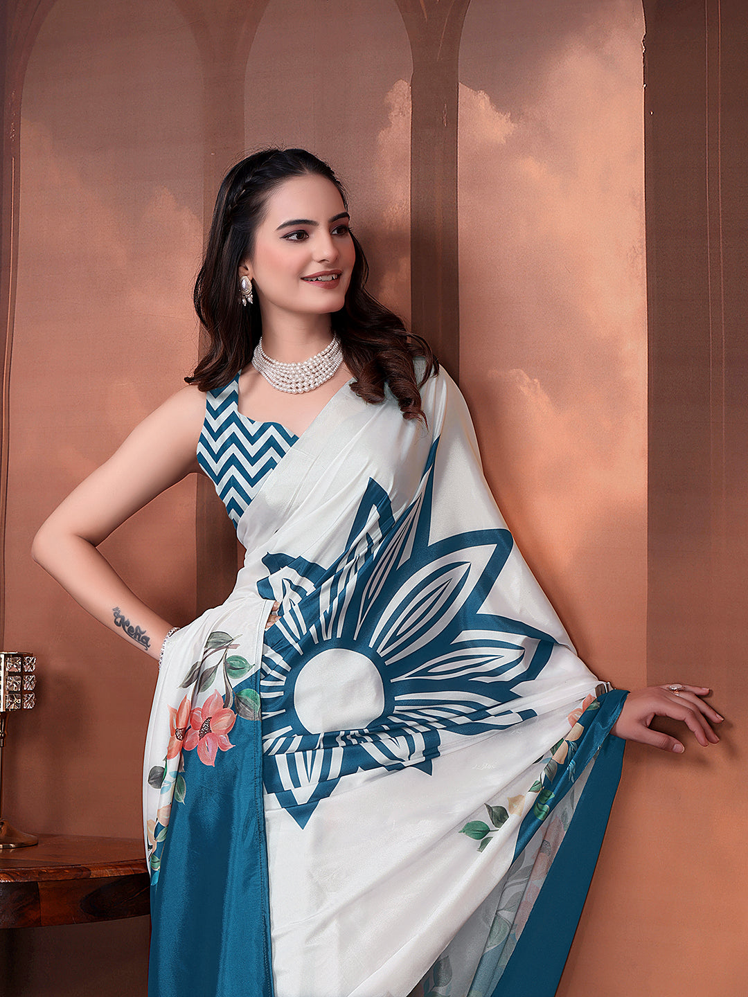 Ready to Wear Silk Crepe Floral Print Saree with Unstitched Blouse for Party Wear
