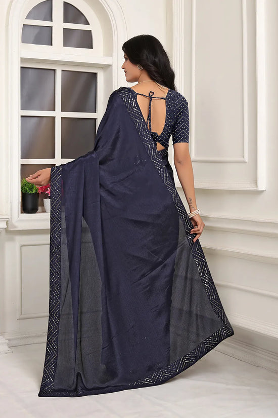 Pionex Ready To Wear Chinon Solid Saree With Embroidered Border