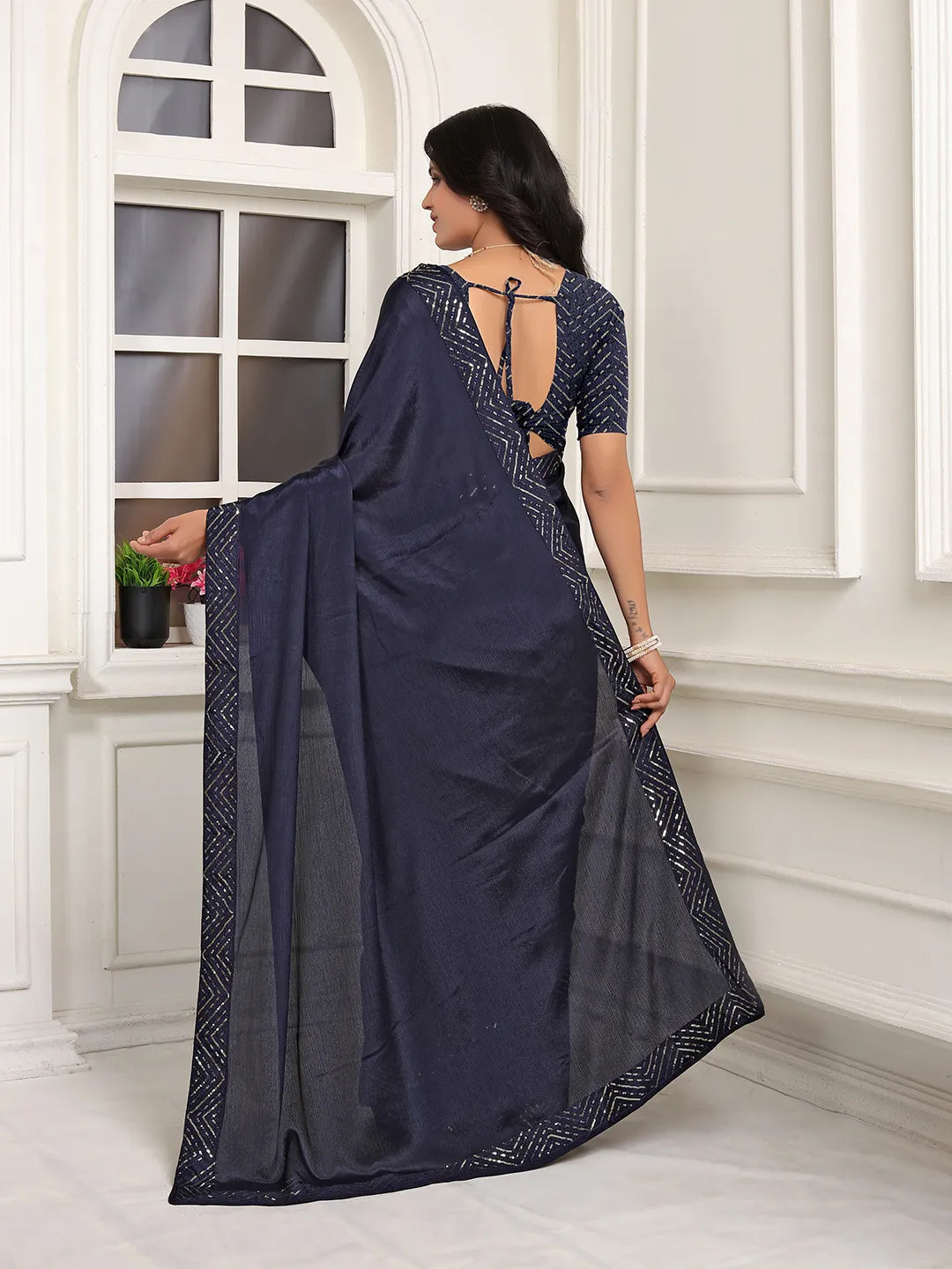Pionex Ready To Wear Chinon Solid Saree With Embroidered Border