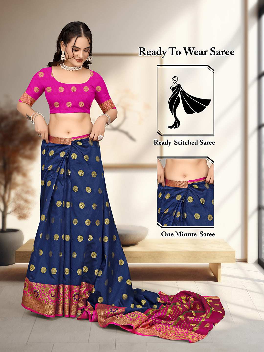 Ready To Wear Cotton Silk Woven Zari Jacquard Banarasi Traditional Saree