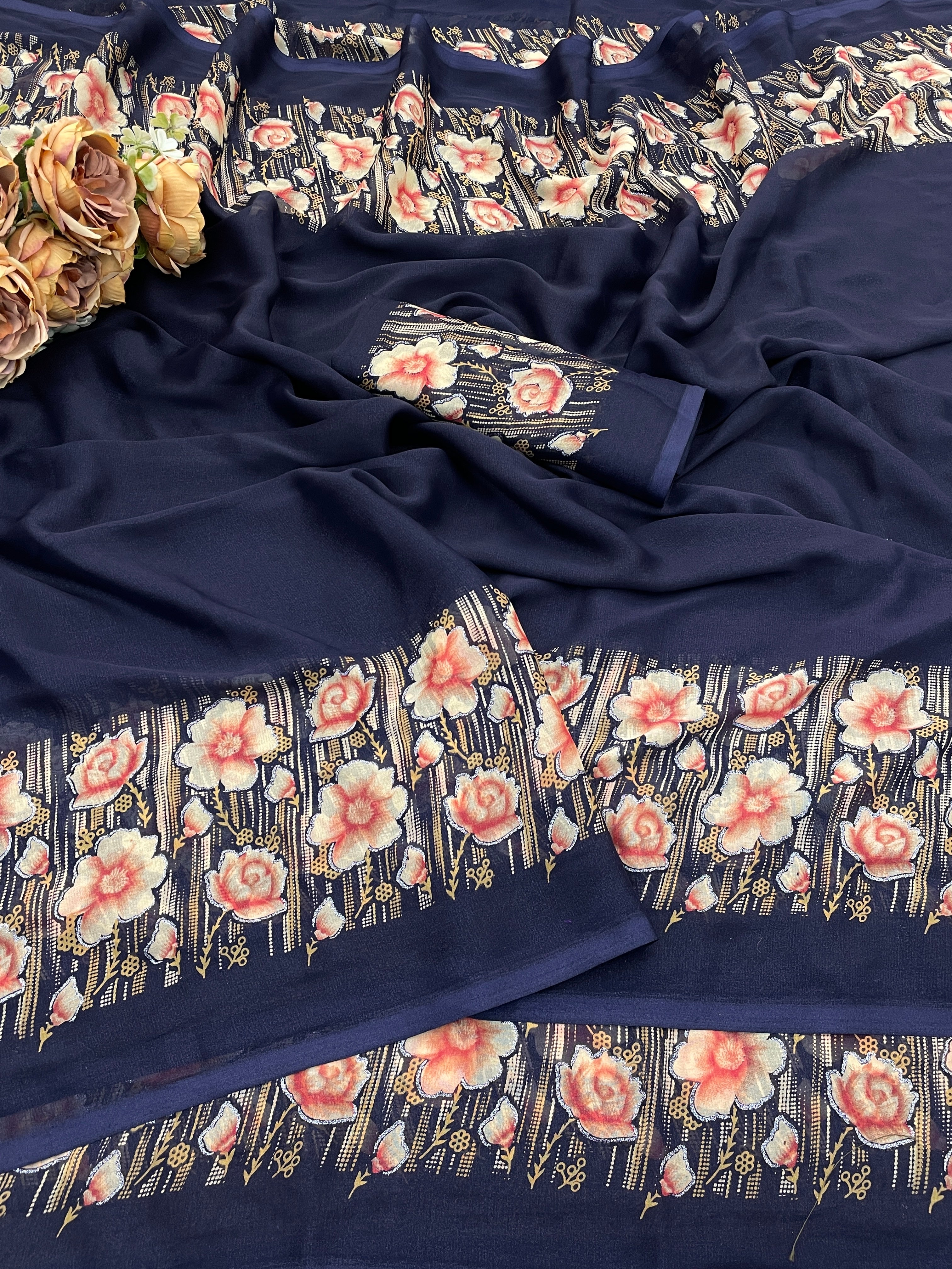 Elegant Floral Border Print Georgette Border Saree