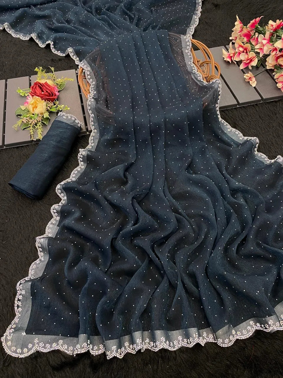 Chiffon  Siroski Diamond Lace Work Saree