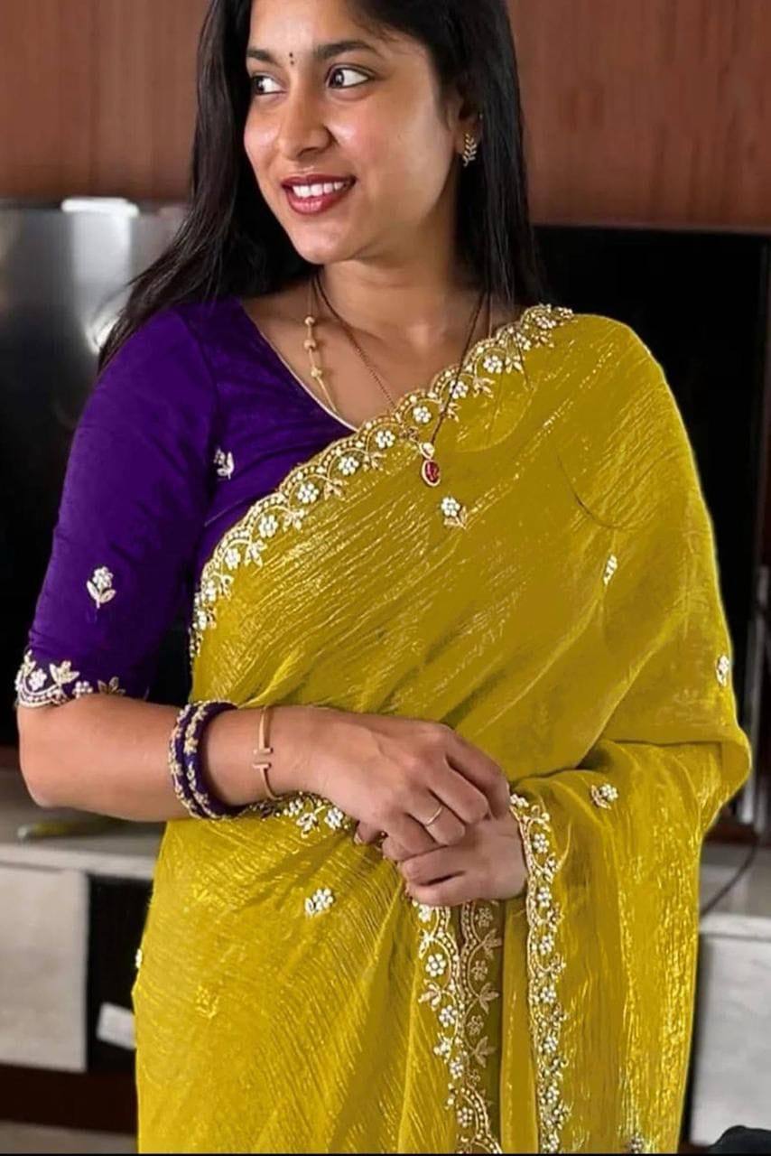 Silk Chinon Saree with Embroidery, Thread & Moti Work