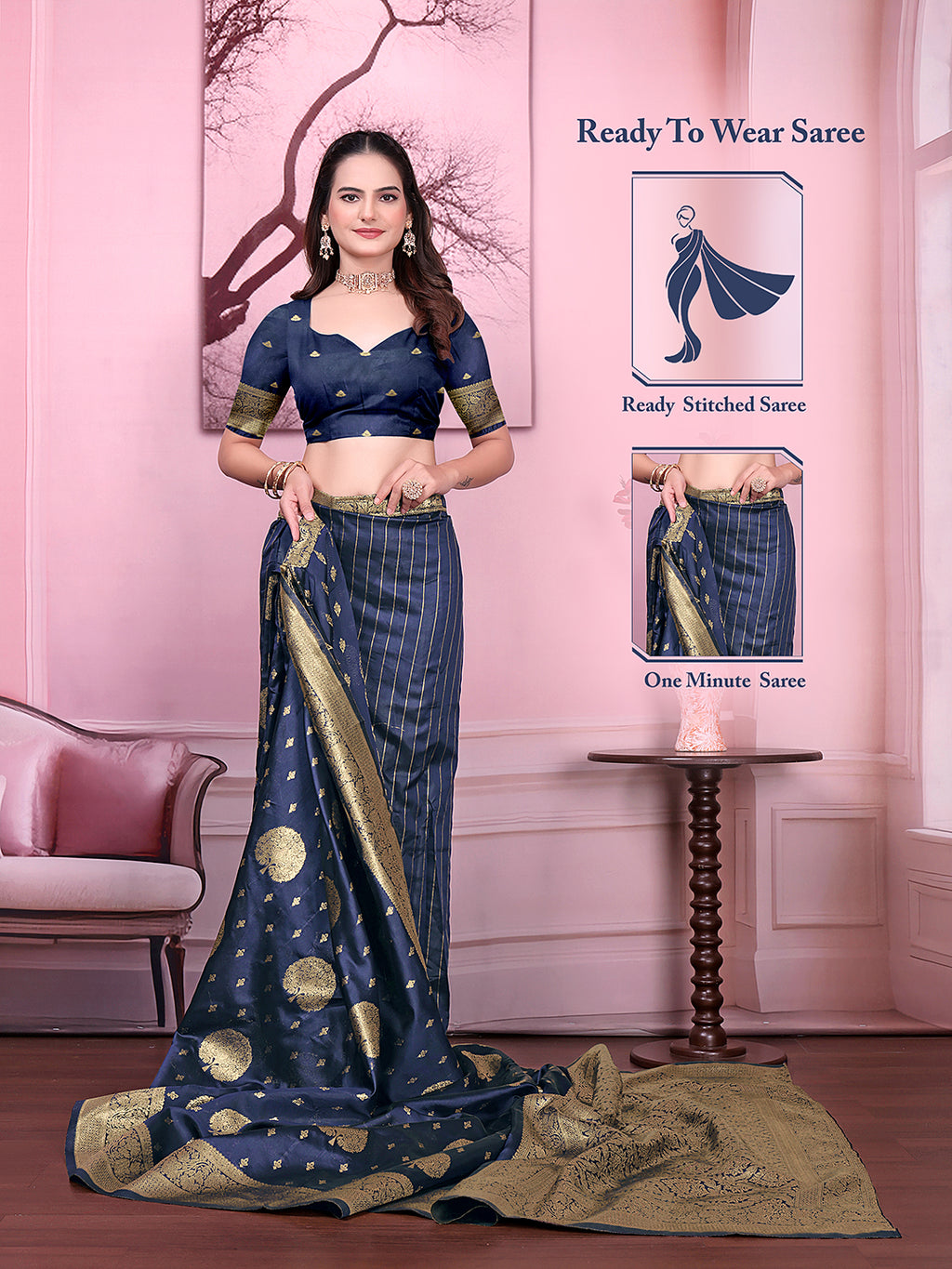 Floral Print Ready to Wear Banarasi Jacquard Party Saree with Unstitched Blouse