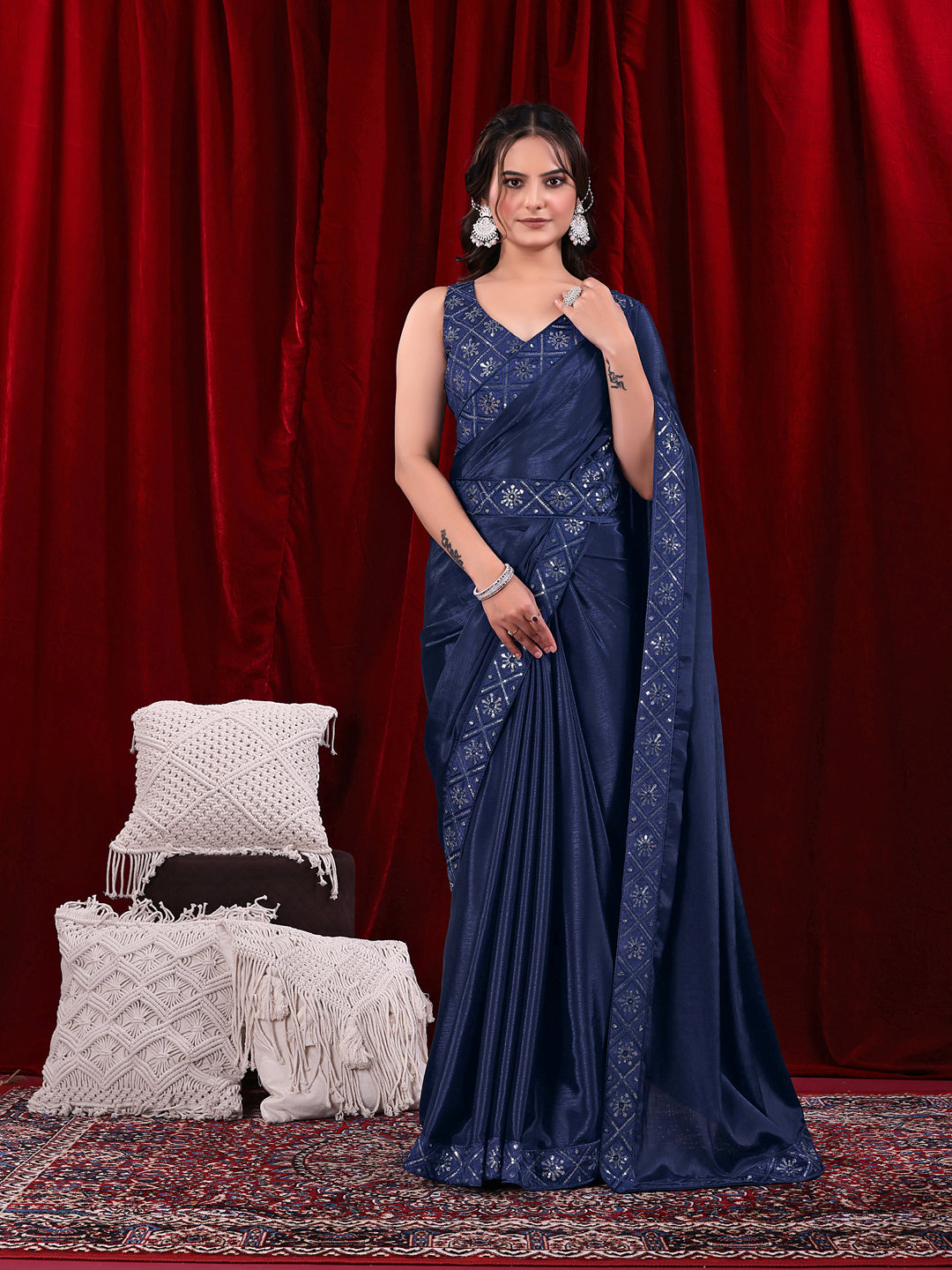 Chinon Solid Saree with Embroidered Lace Border