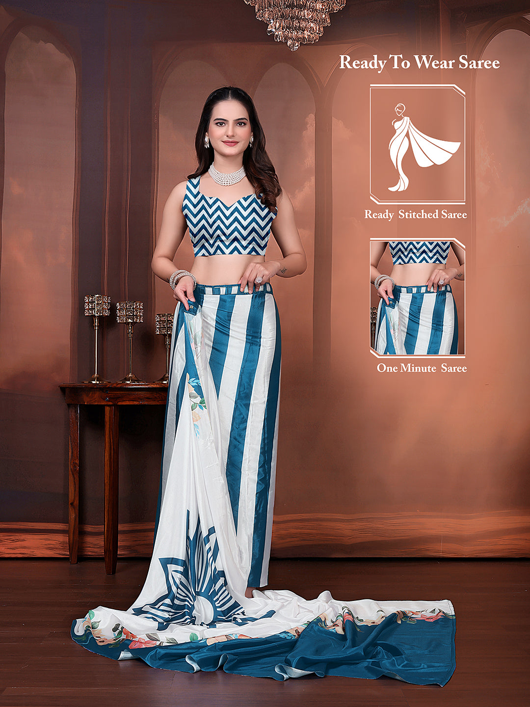 Ready to Wear Silk Crepe Floral Print Saree with Unstitched Blouse for Party Wear