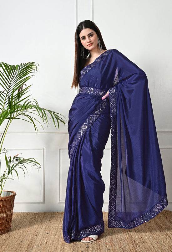 Chinon Solid Saree with Embroidered Lace Border
