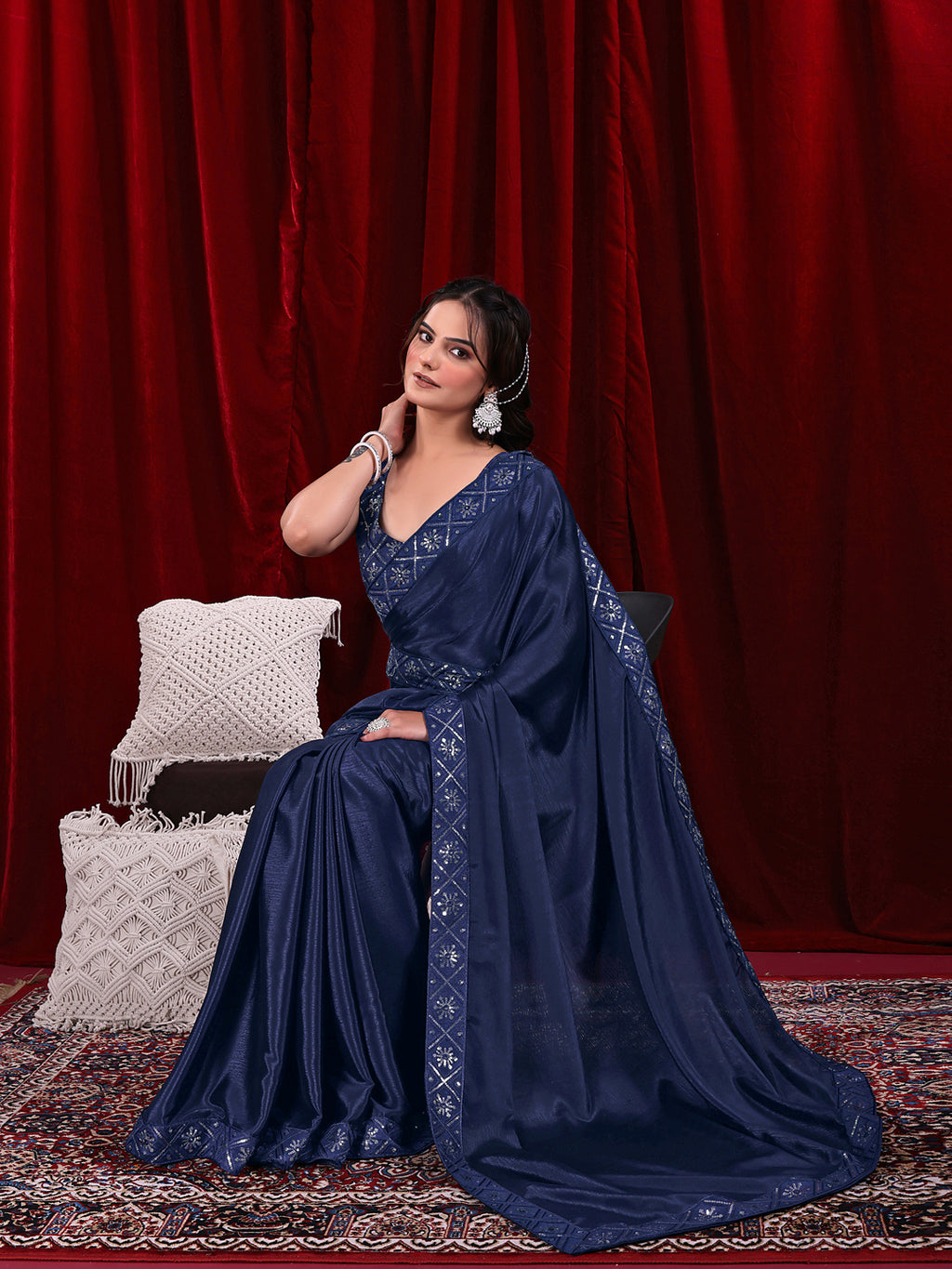 Chinon Solid Saree with Embroidered Lace Border
