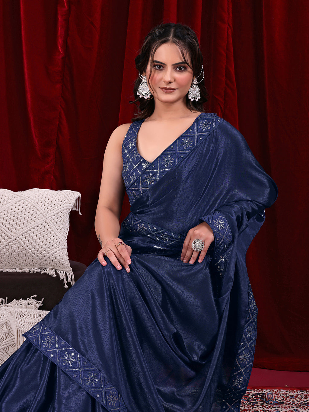 Chinon Solid Saree with Embroidered Lace Border