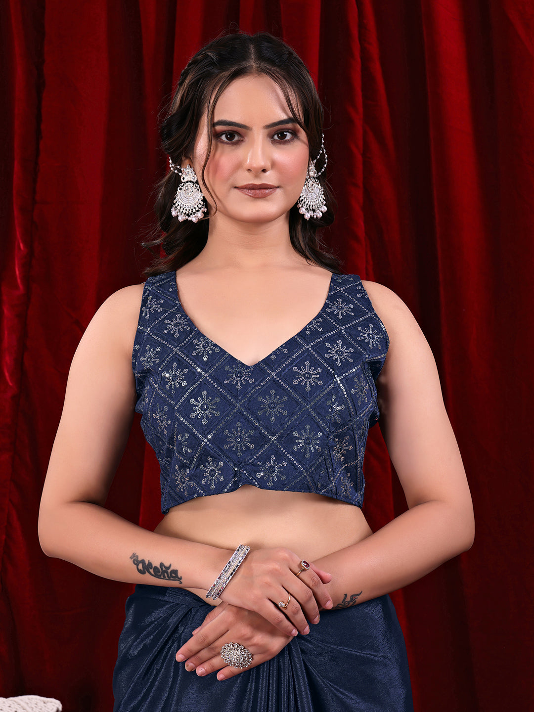 Chinon Solid Saree with Embroidered Lace Border