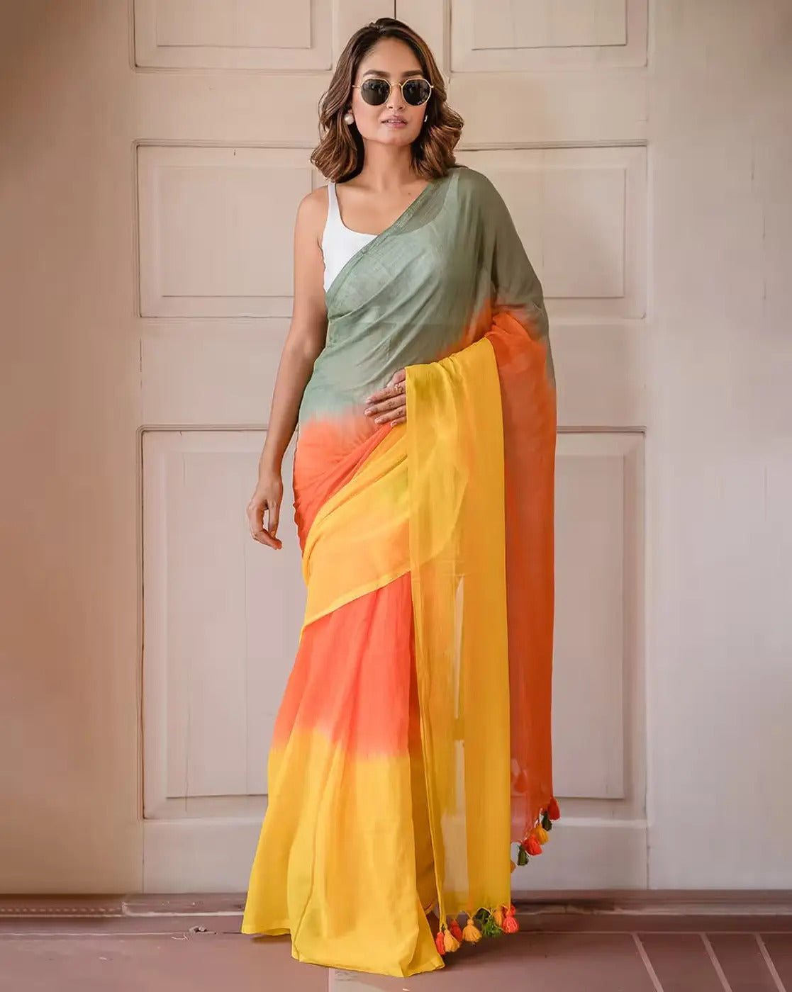 Multicolor Striped Cotton Linen Printed Saree