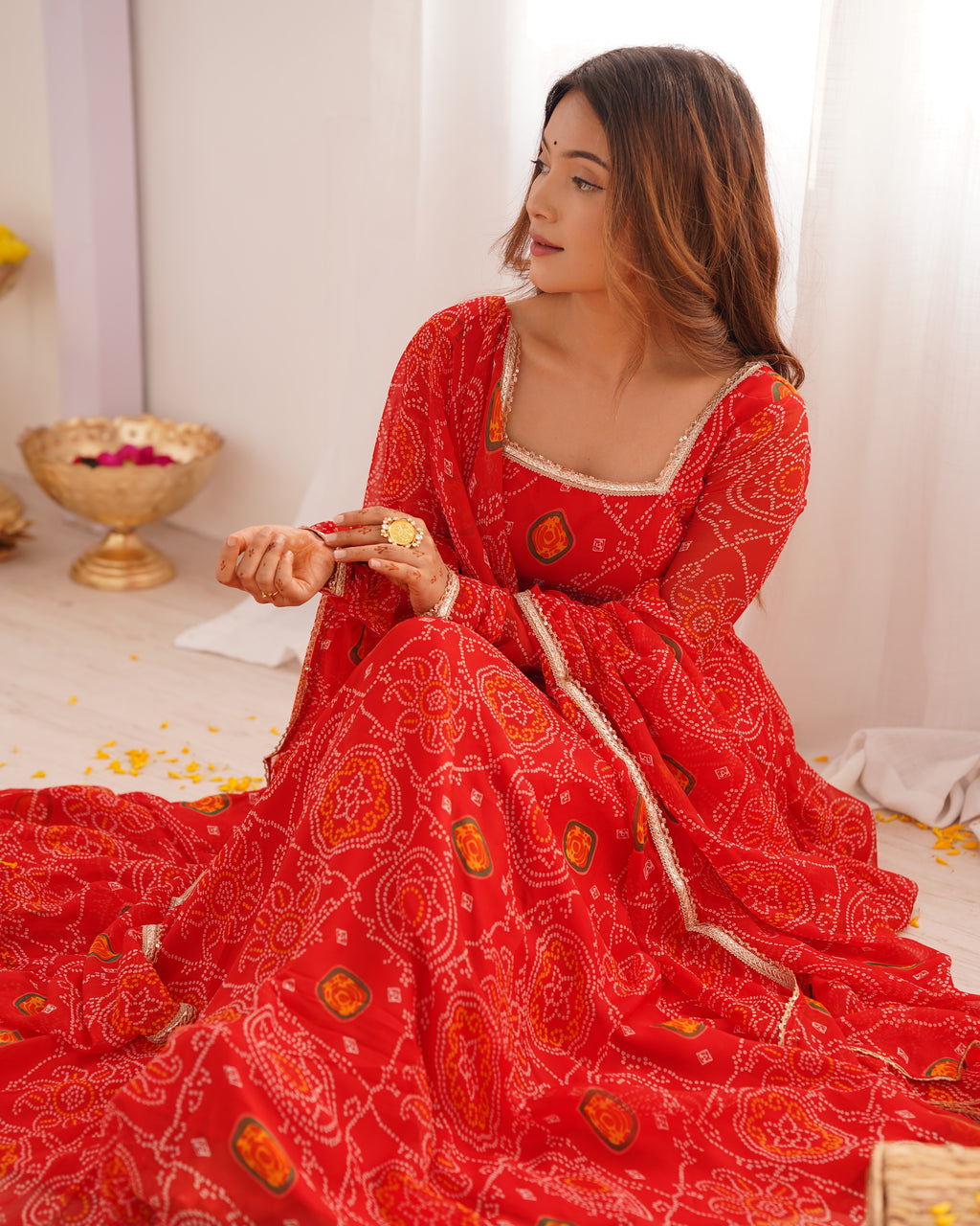 Women Bandhej Printed Chiffon Anarkali Kurta with Dupatta Set