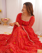 Women Bandhej Printed Chiffon Anarkali Kurta with Dupatta Set