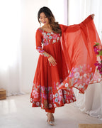 Women Floral Printed Organza Silk Flared Anarkali Kurta Set