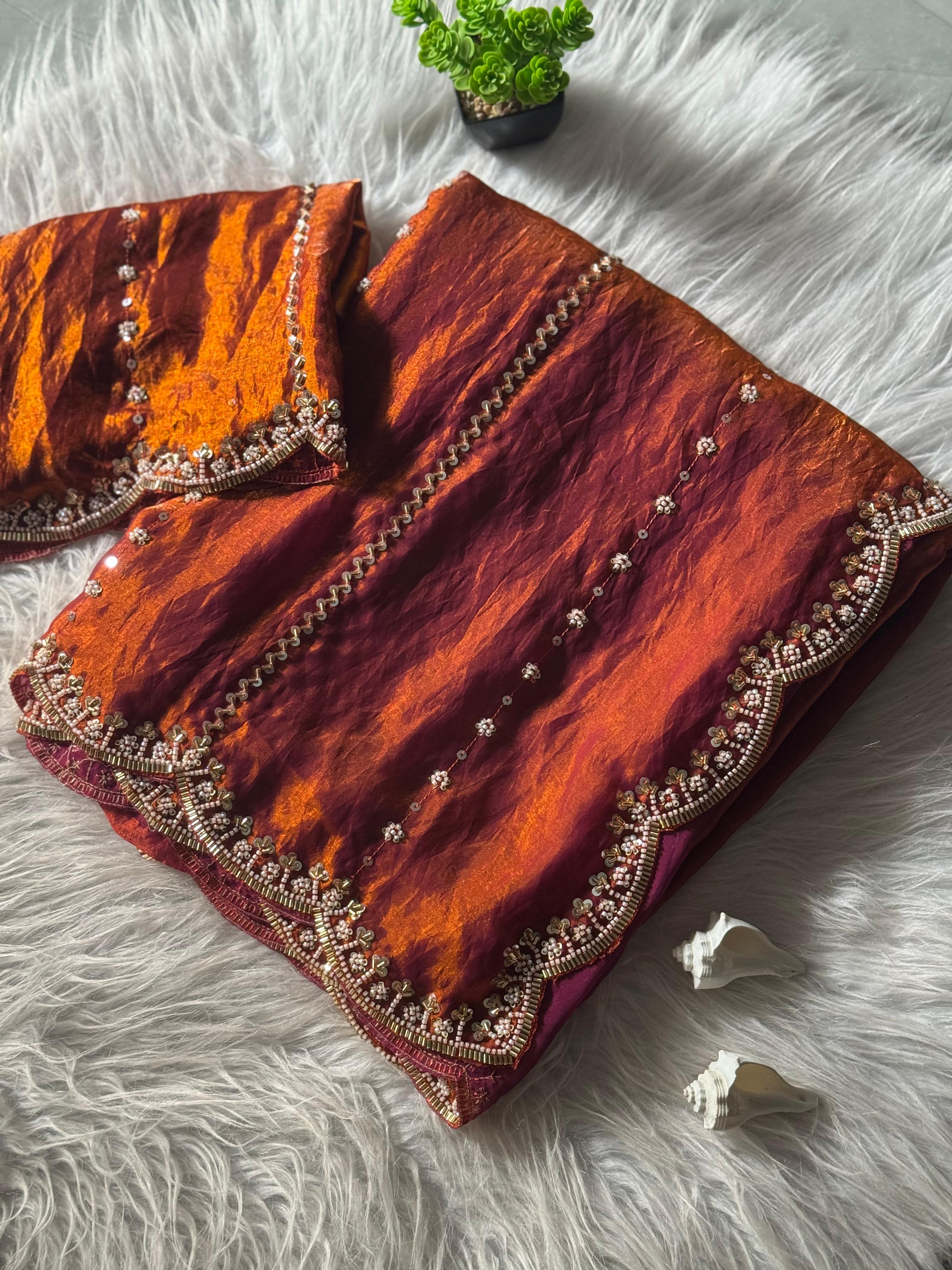 Hand-Embellished Silk Saree with Moti, Cutdana & Sequin Work