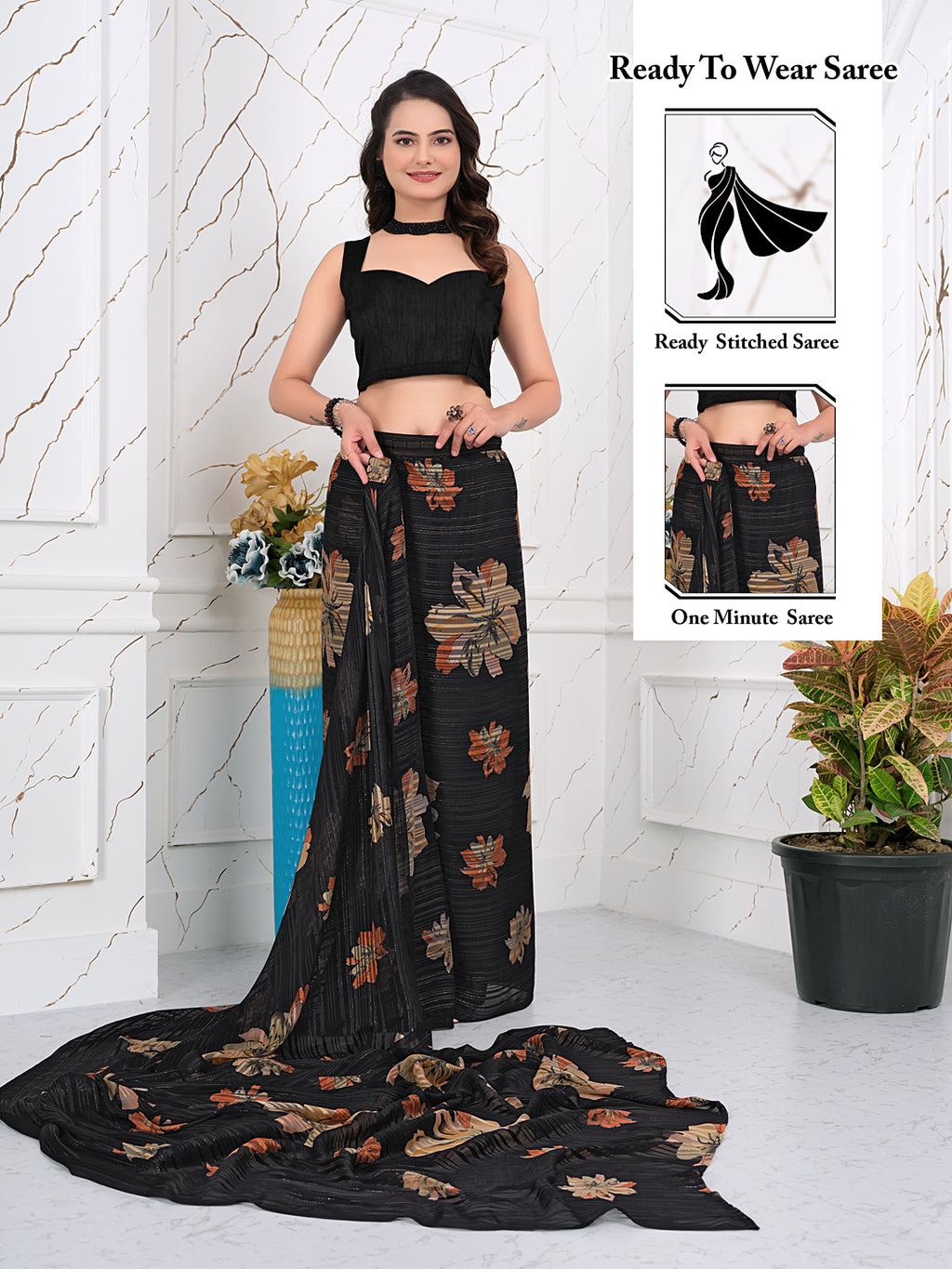 Ready-to-Wear Chiffon Saree with Zari Lines for Party Look