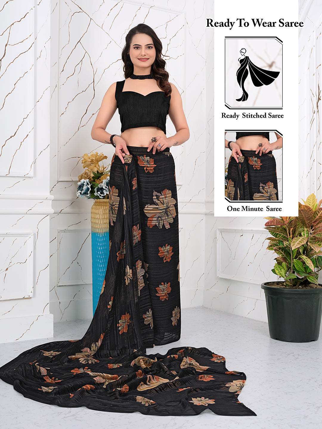 Ready-to-Wear Chiffon Saree with Zari Lines for Party Look
