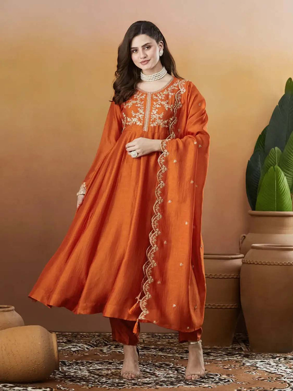 Silk Embroidered Anarkali Kurta, Pant & Dupatta Set