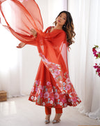 Women Floral Printed Organza Silk Flared Anarkali Kurta Set