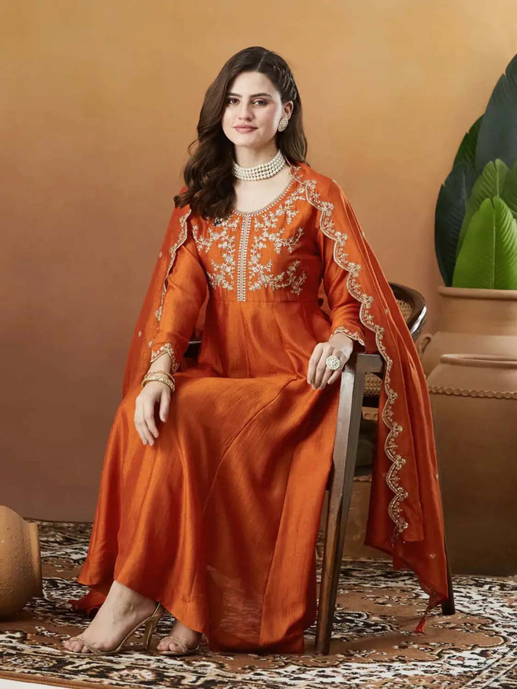 Silk Embroidered Anarkali Kurta, Pant & Dupatta Set