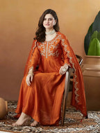 Silk Embroidered Anarkali Kurta, Pant & Dupatta Set