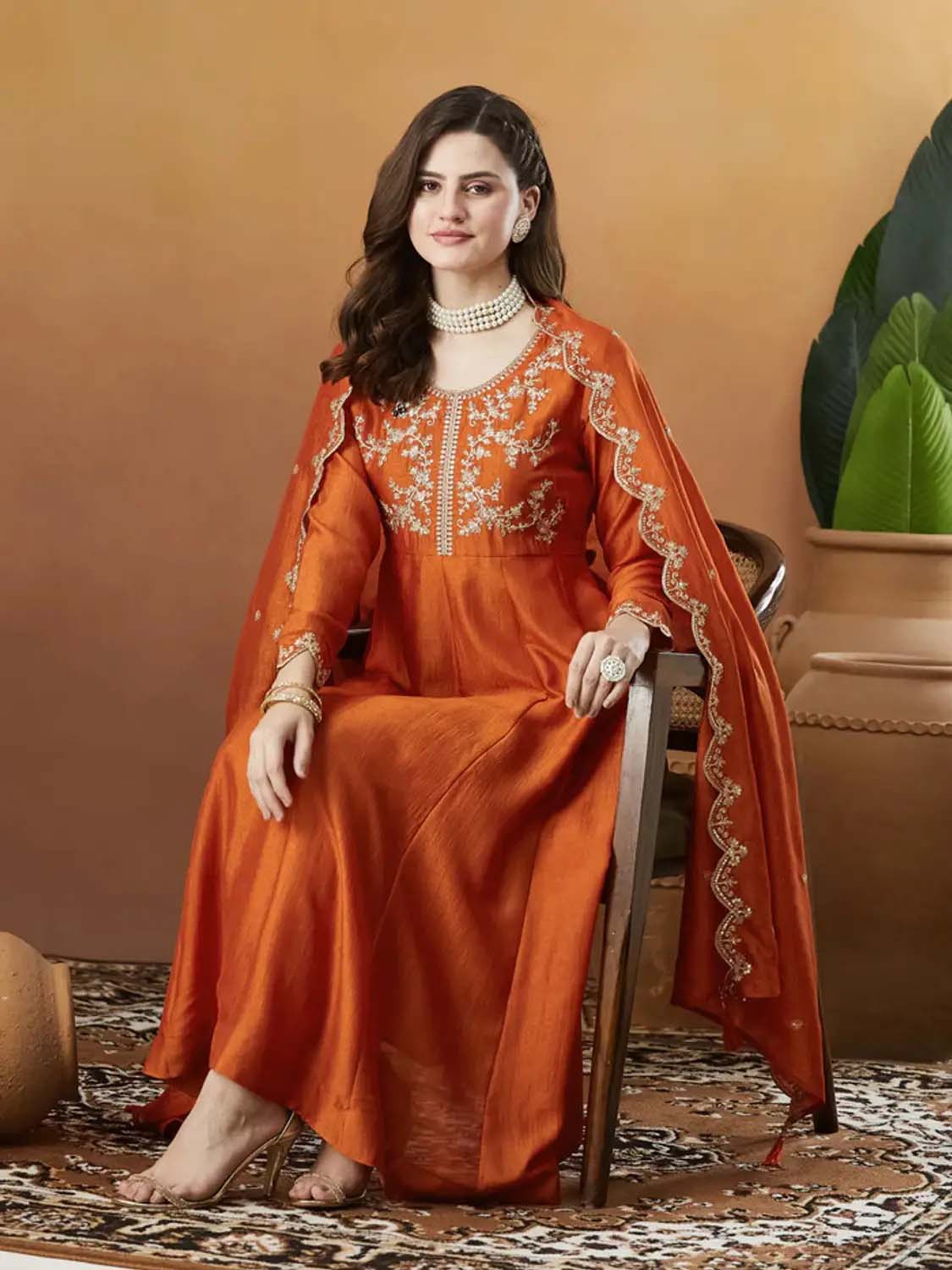 Silk Embroidered Anarkali Kurta, Pant & Dupatta Set