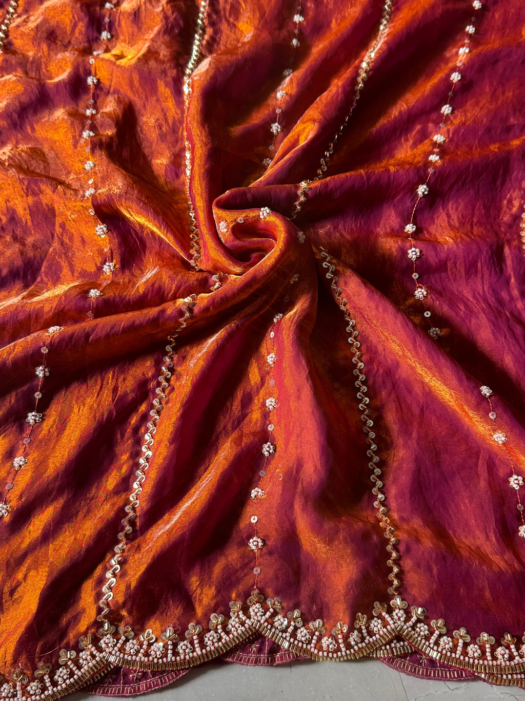 Hand-Embellished Silk Saree with Moti, Cutdana & Sequin Work
