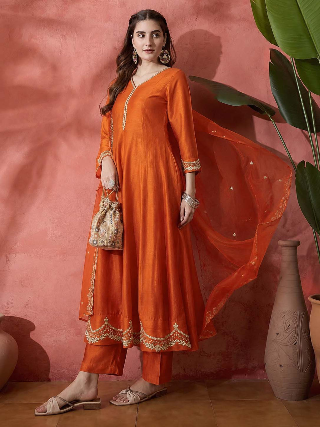 Elegant Zari Embroidered Silk Blend Anarkali Set
