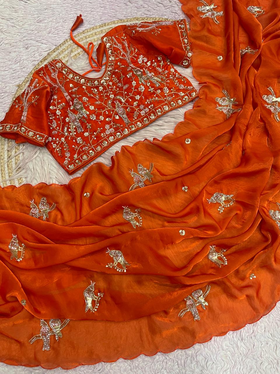 Satin Saree with Heavy Beaded Work Stitched Blouse