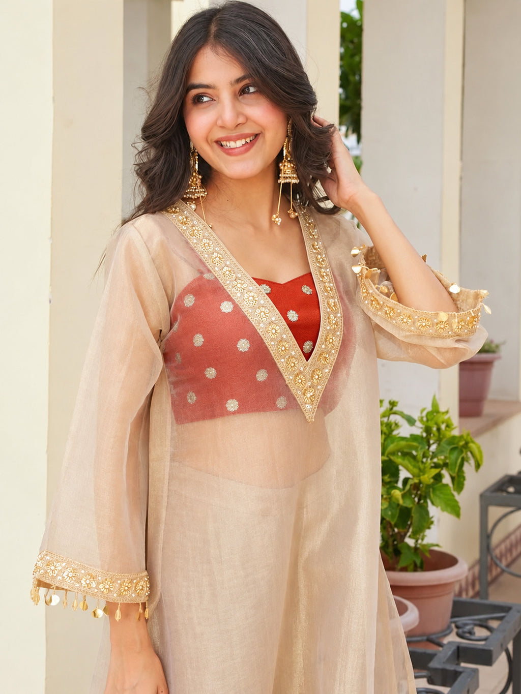 Salsa Fabric Embroidered Kurta and Palazzo Set with Inner Top