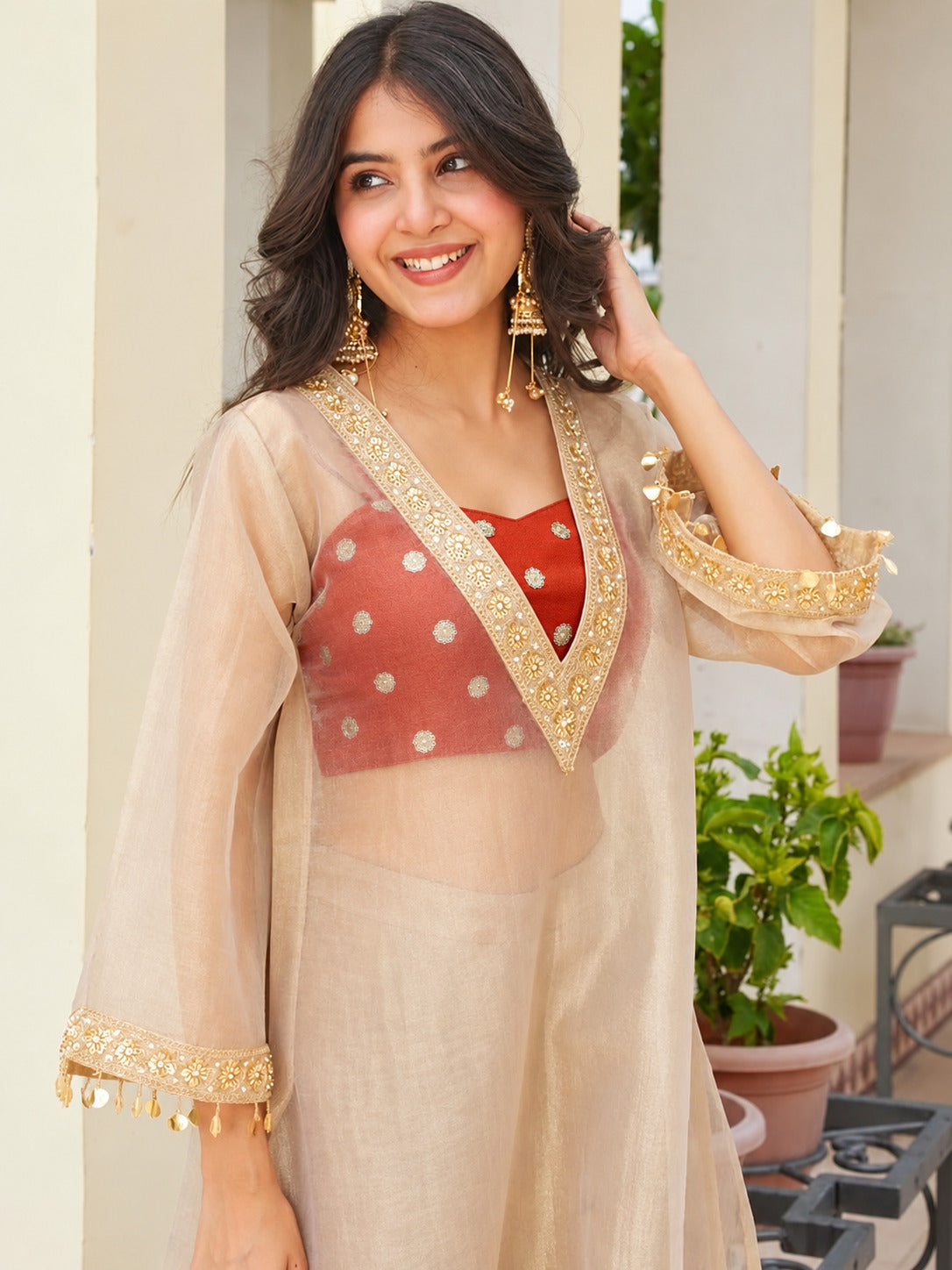 Salsa Fabric Embroidered Kurta and Palazzo Set with Inner Top
