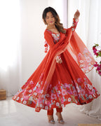 Women Floral Printed Organza Silk Flared Anarkali Kurta Set
