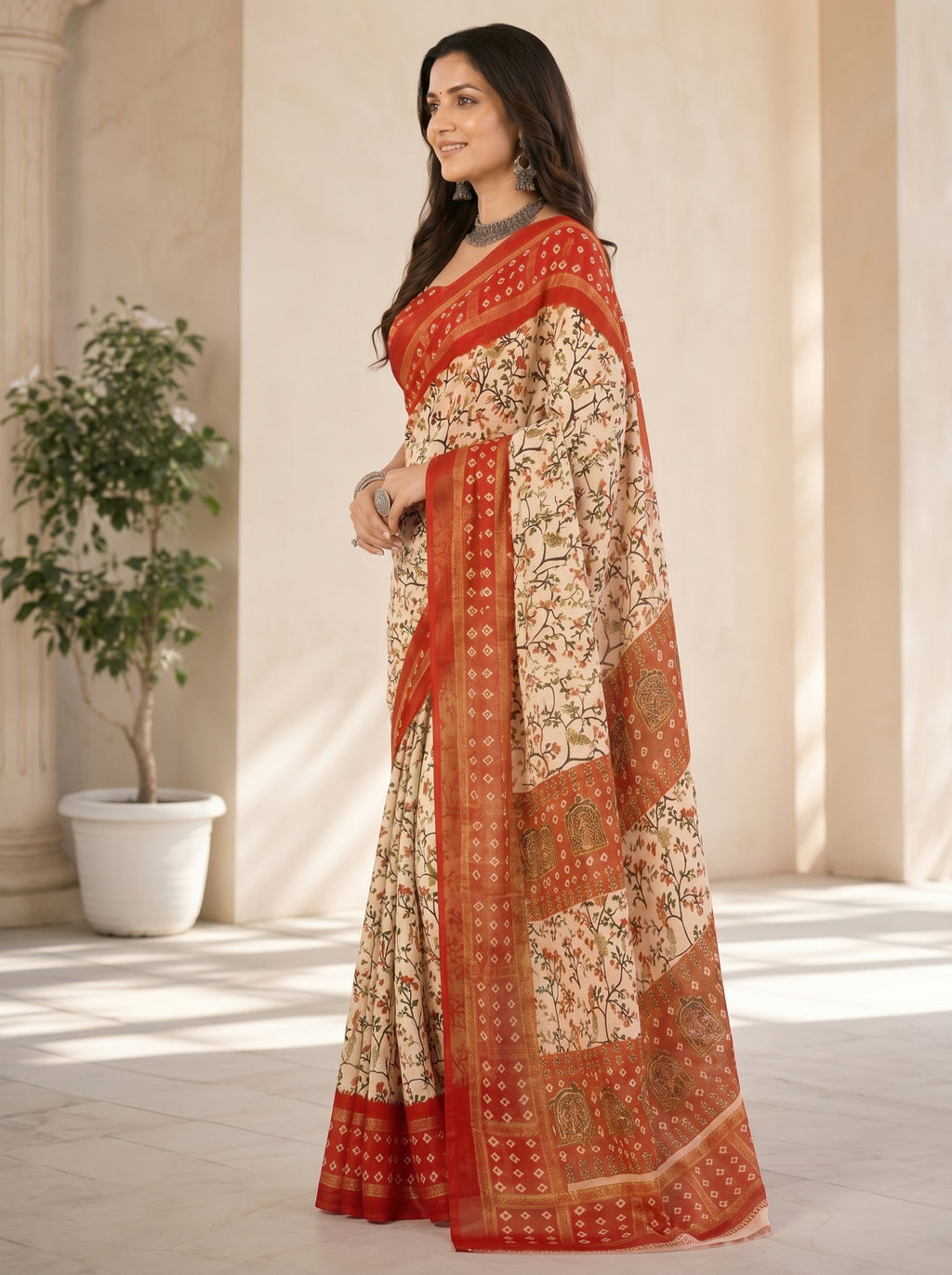 Women Printed Moss Chiffon Saree with Zari Border