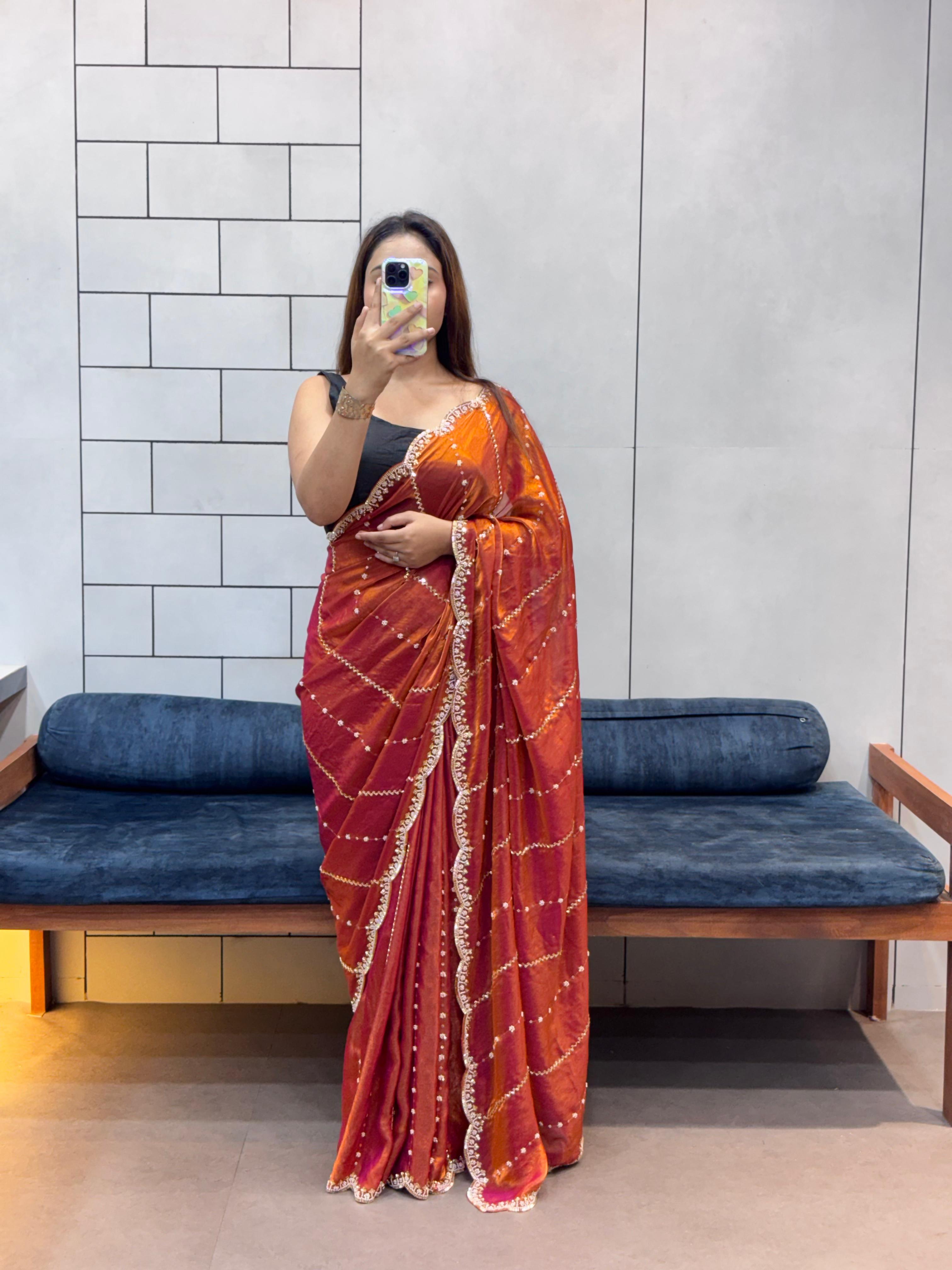 Hand-Embellished Silk Saree with Moti, Cutdana & Sequin Work