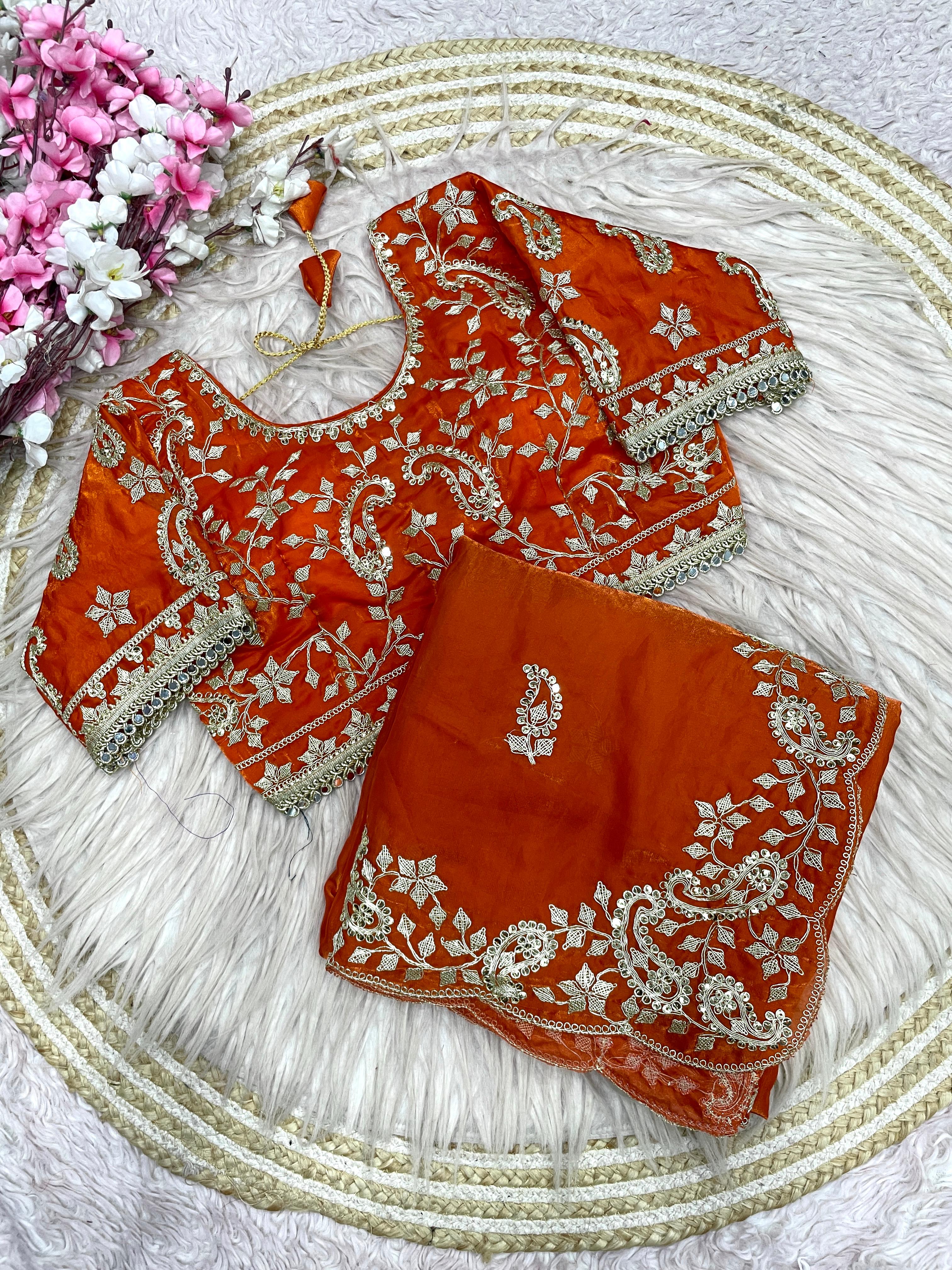 Fendy Satin Embroidered Saree With Butti Work and Stitched Blouse