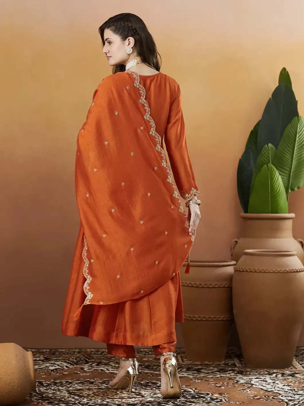Silk Embroidered Anarkali Kurta, Pant & Dupatta Set