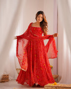 Women Bandhej Printed Chiffon Anarkali Kurta with Dupatta Set