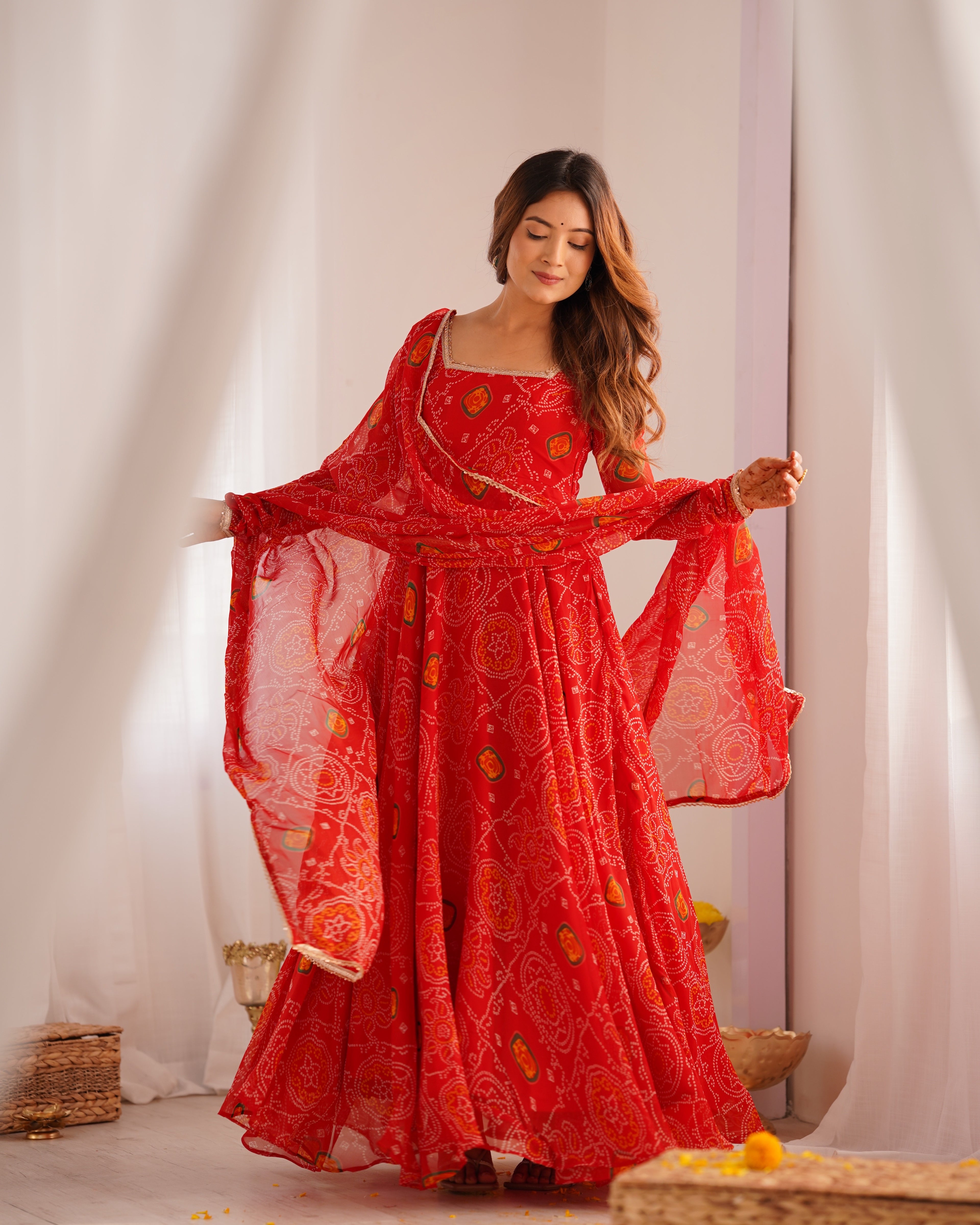 Women Bandhej Printed Chiffon Anarkali Kurta with Dupatta Set