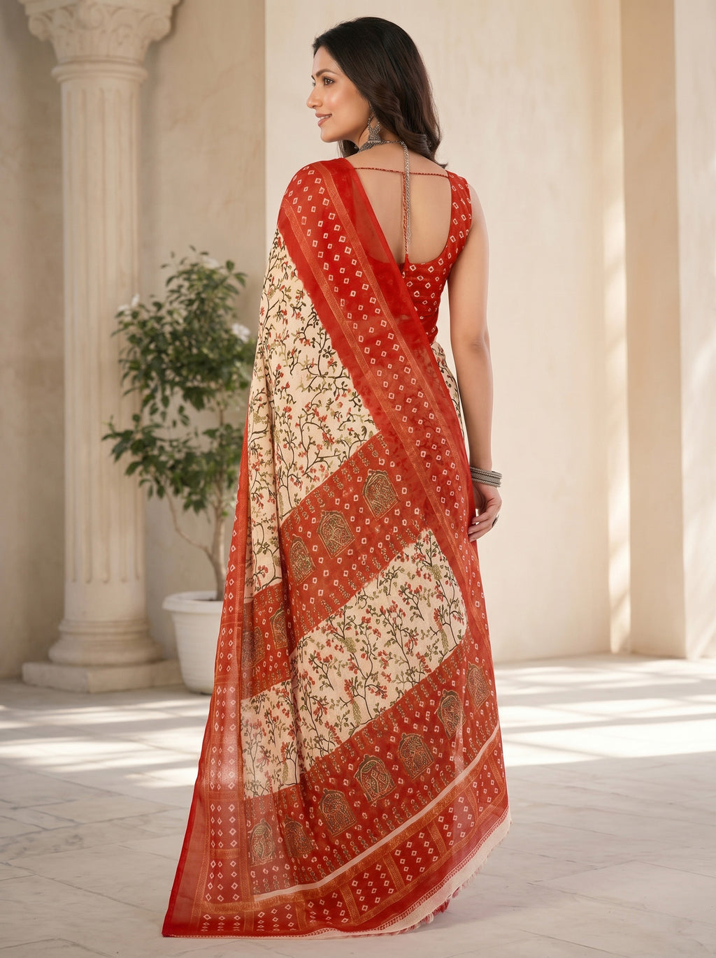 Women Printed Moss Chiffon Saree with Zari Border
