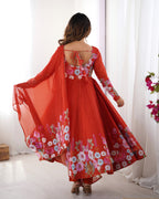Women Floral Printed Organza Silk Flared Anarkali Kurta Set
