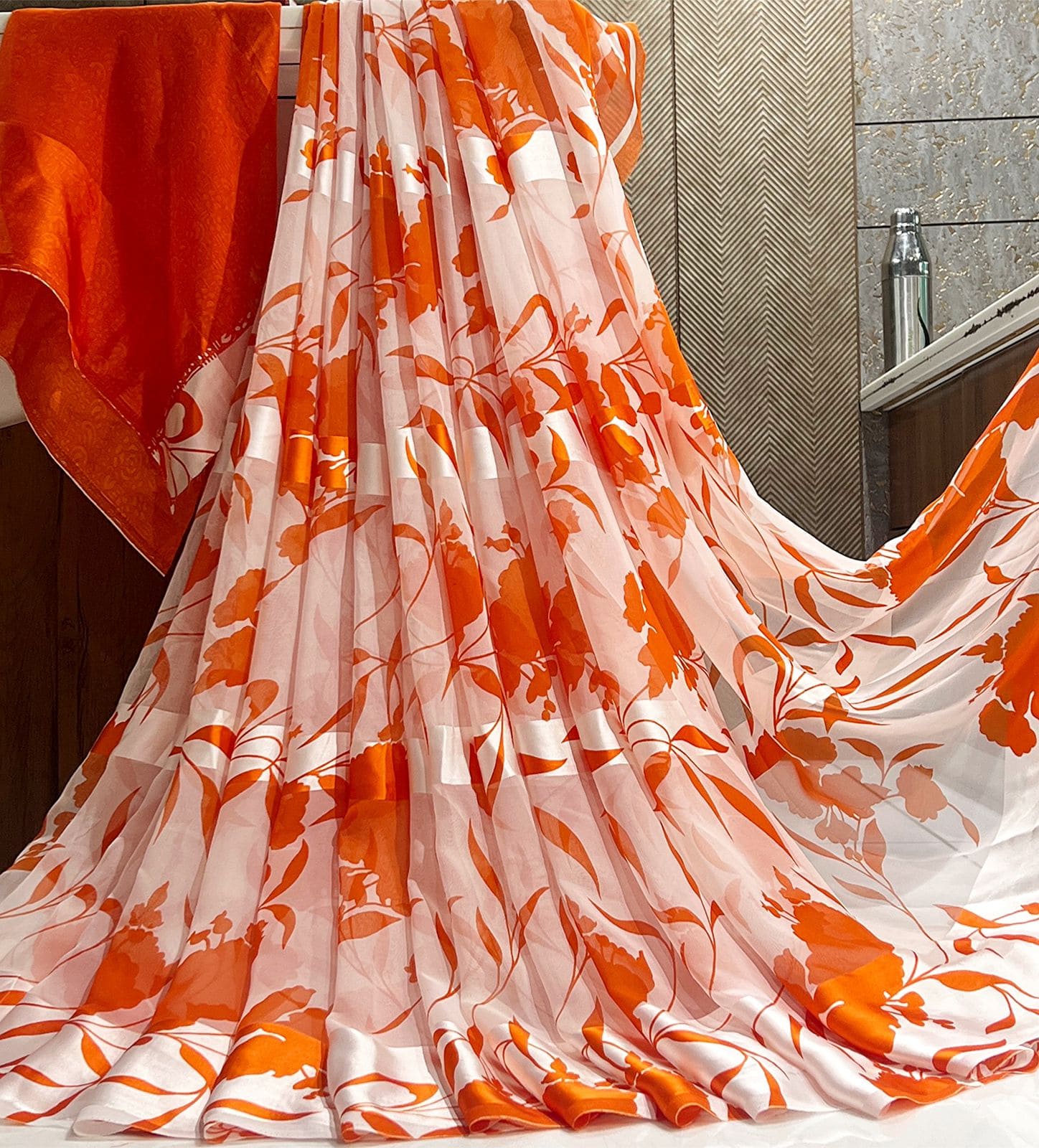 Floral Print Satin Patta Georgette Saree